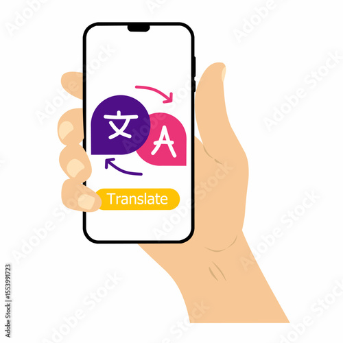 Mobile application for translating foreign languages. Online dictionary and translator app for smartphones. English-French online dictionary app. Hand holding a smartphone.