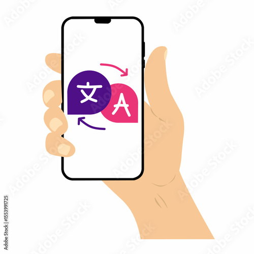 Mobile application for translating foreign languages. Online dictionary and translator app for smartphones. English-French online dictionary app. Hand holding a smartphone.