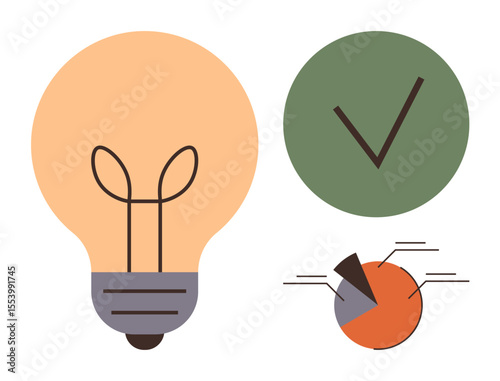 Large lightbulb, green circle with checkmark, and segmented pie chart. Ideal for creativity, innovation, success, analytics, productivity decision-making presentations. Simple flat metaphor