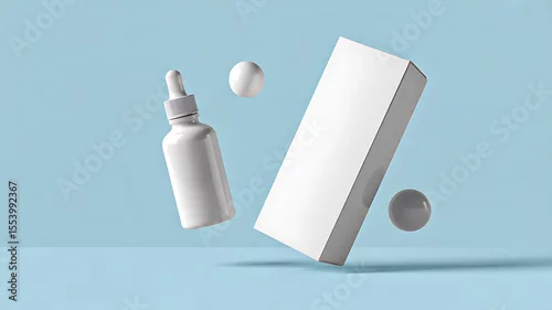 Obraz Floating cosmetic serum bottle alongside a product box presents a clean and modern wellness aesthetic on a soft blue backdrop.