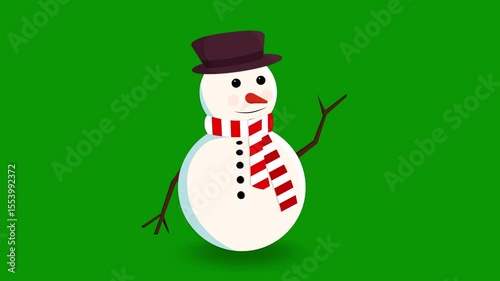 A snowman wearing top hat and scarf green screen animated chromakey background style illustration colorful gesture depth cartoonish frame figure design backgrounds expression scene