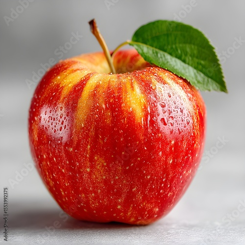 a red apple with a green leaf on it