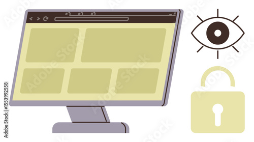 Computer monitor with grid layout, eye symbol for visibility or surveillance, lock symbol for security. Ideal for cybersecurity, data protection, privacy, surveillance, technology, online safety