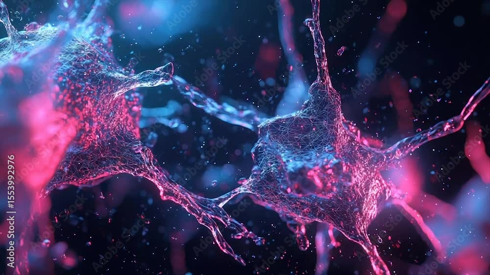Abstract neon pink and blue fluid forms intertwine, resembling interconnected neural networks or cellular structures