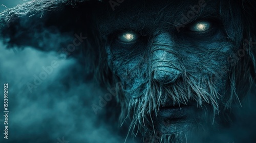 Close-up of a terrifying, decaying scarecrow-like creature with glowing eyes in a dark, smoky atmosphere.