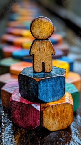 Wooden figure standing atop colorful hexagonal blocks.