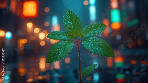 Small green plant sprout with water droplets, in front of blurred city lights at night.