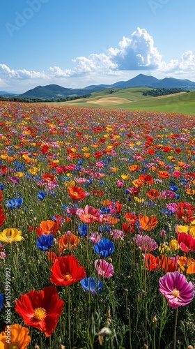 Vibrant wildflowers bloom in a vast field, rolling hills and blue sky in background.