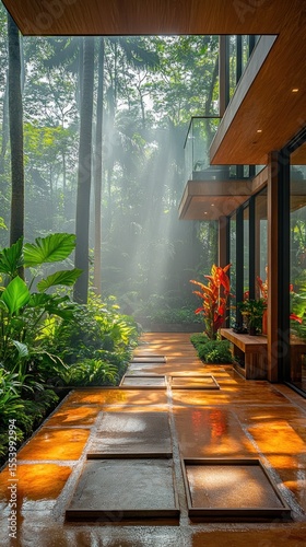 Sunbeams illuminate a modern home's walkway, surrounded by lush tropical greenery and a wooden structure.