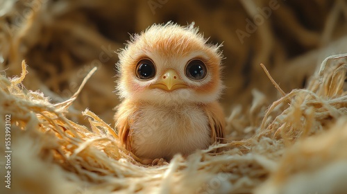 Adorable fluffy chick in nest.
