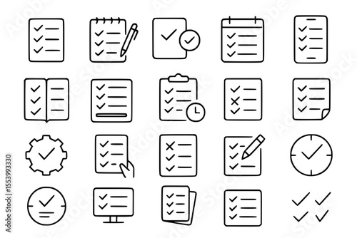 Minimalist Checklist & Task Management Line Icons: Productivity Vector Set