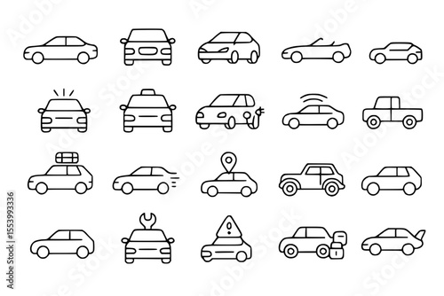 Minimalist Car & Automotive Line Icons: Vehicles, Transport & Services Vector Set