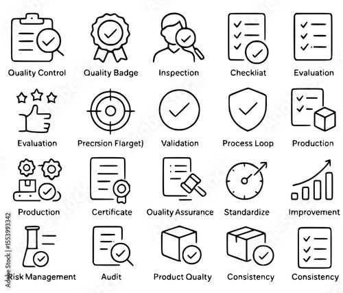 Quality Control & Assurance Line Icons: Inspection, Production & Standards Vector Set