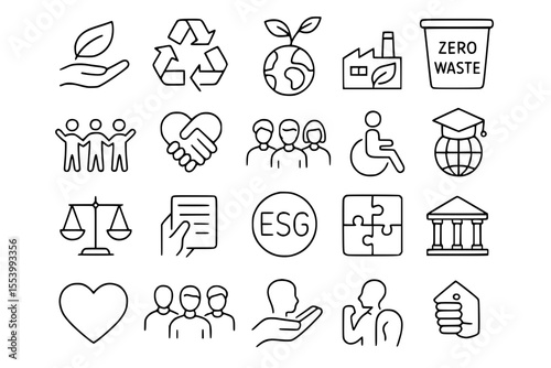 ESG (Environmental Social Governance) Line Icons: Sustainability & Corporate Responsibility Vector Set