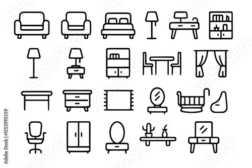 Minimalist Home Furniture Line Icons: Interior Design & Decor Vector Set