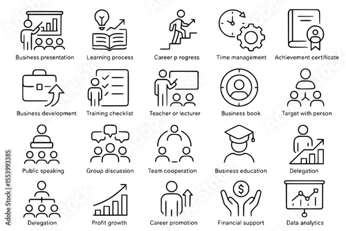 Business Training & Development Line Icons: Education, Skills & Growth Vector Set