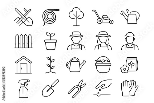 Gardening & Horticulture Line Icons: Tools, Plants & Outdoor Vector Set