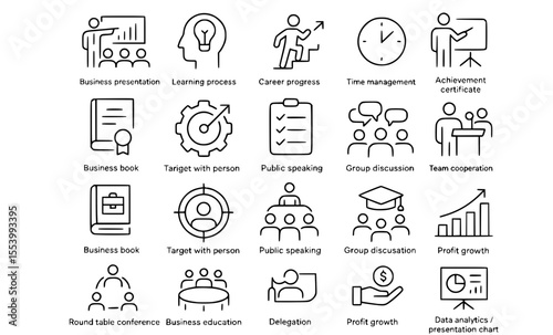 Business Training & Corporate Education Line Icons: Professional Development Vector Set
