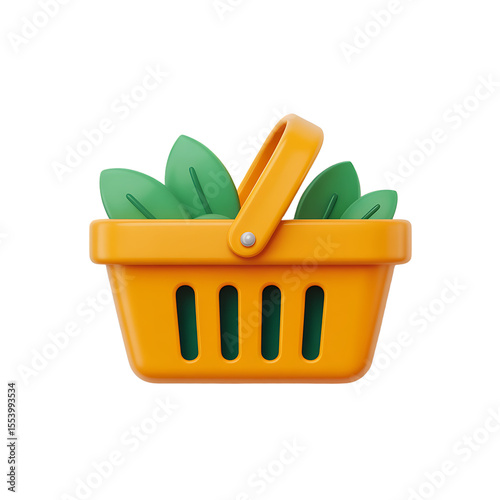 3 D Rendered Orange Shopping Basket with Green Leaves on Black Background