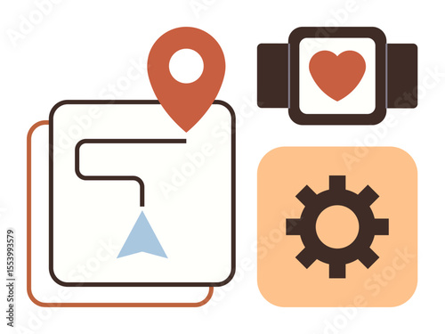 GPS route with location pin, heart monitor on smartwatch, and gear wheel for settings. Ideal for fitness, health tracking, navigation, app interface, technology productivity lifestyle. Simple flat