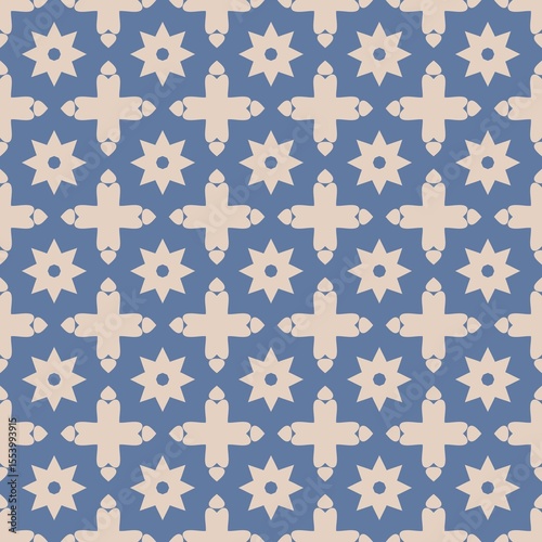 Seamless pattern design featuring blue and white floral illustrations and a cross symbol, perfect for vintage religious fabric decoration or wallpaper art.