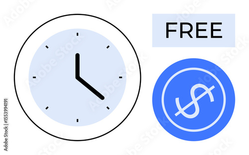 Analog clock, blue dollar sign circle, and Free text emphasize time, cost value, efficiency, savings, affordability, accessibility and work-life balance. Ideal for service advertisement financial
