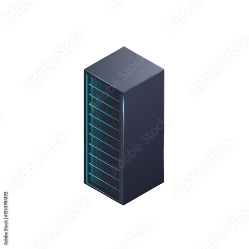 Isometric Server Rack Illustration with Blue and Red Accents on Black
