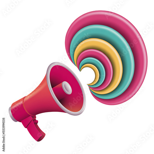 Red megaphone with colorful swirling wave graphic announcement