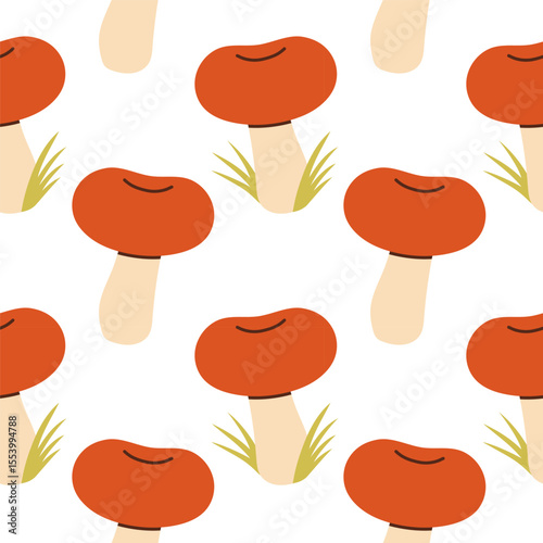 Mushrooms seamless pattern. Autumn isolated mushrooms on white background. Square repeat pattern flat design for fall season.