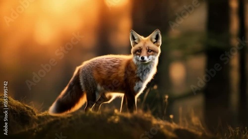 A red fox standing on a grassy hill with a blurred forest background during golden hour light video