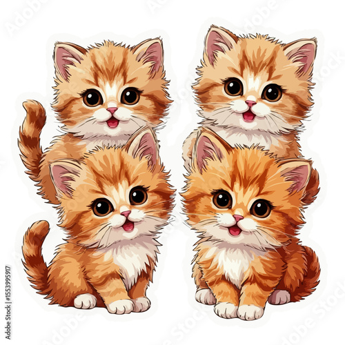 Four cute ginger kittens playing and posing together  