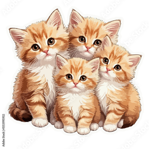 Four orange kittens sitting together in cute pose  
