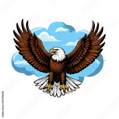Bald eagle soaring with outstretched wings against blue sky  