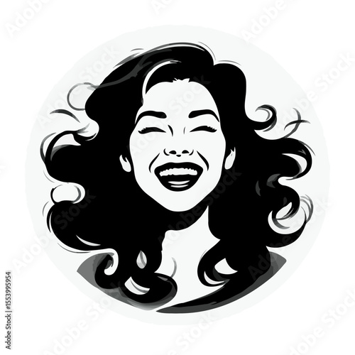 Smiling woman with curly hair in black and white graphic design  