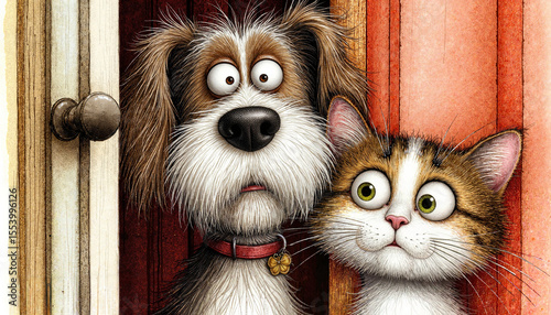 Cartoon dog and cat looking surprised at the doorway in a home  
