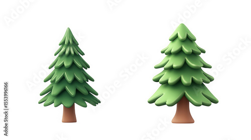 Two cartoon stylized green pine trees with brown trunks isolated on transparent background