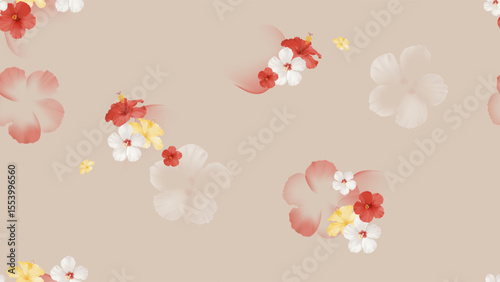 Floral seamless pattern features scattered clusters of red, white, and yellow hibiscus flowers, along with faint, large, light-colored hibiscus silhouettes on a soft brown background