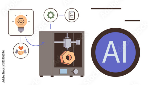 3D printer crafting a geometric object, AI element, lightbulb idea, collaboration, checklist, and gear icons. Ideal for technology, creativity, teamwork innovation automation AI integration