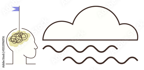 Silhouette of head with tangled lines in mind moving toward calm waves and cloud. Ideal for mental health, problem-solving, relaxation, focus, mindfulness, self-care, emotional balance. Simple flat