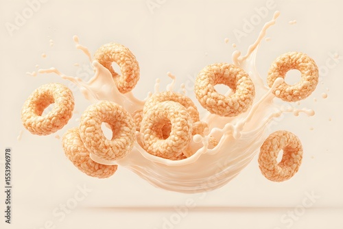 A splash of milk with cereal rings, offering a sense of refreshment and deliciousness. The cereal rings are golden brown, beautifully presented amid a dynamic splash of fresh milk