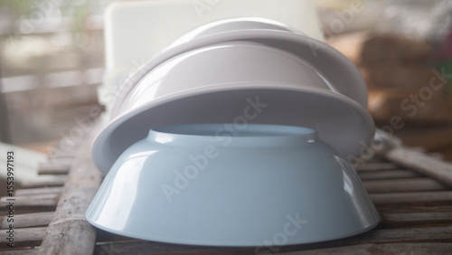 Dishware in the kitchen, stock photo. Selective focus.