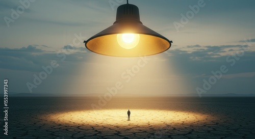 Person standing under a large lamp illuminating a barren landscape  
