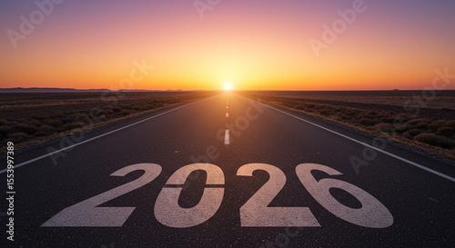 Horizon bound: Journey to 2026 bathed in radiant dawn light along the open road