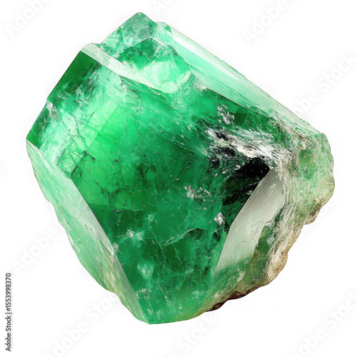 Large raw green emerald crystal with natural facets isolated on transparent background
