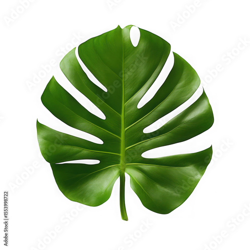 Vibrant green monstera deliciosa leaf with natural holes isolated on transparent background