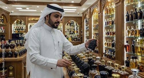 Arabian Man Selects Exquisite Perfume in Luxurious Boutique