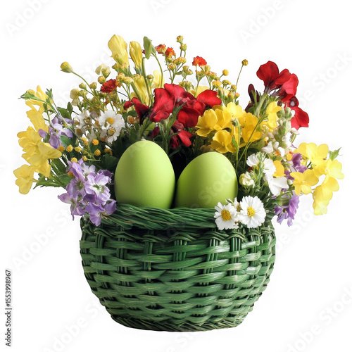 Green easter eggs in a woven basket with spring flowers isolated on transparent background