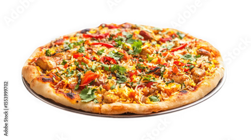 Delicious chicken biryani pizza with fresh cilantro and red peppers isolated on transparent background