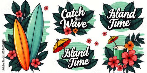 Tropical Surfing and Island Time Vector Illustration Set with Surfboards, Hibiscus Flowers, Palm Leaves, Summer Drink, and Beach Typography