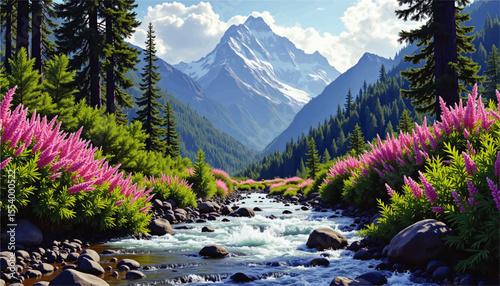 Majestic Mountain Landscape with River Stream, Vibrant Pink Wildflowers, Pine Trees, and Snow Peaks under Blue Sky – Nature Illustration
